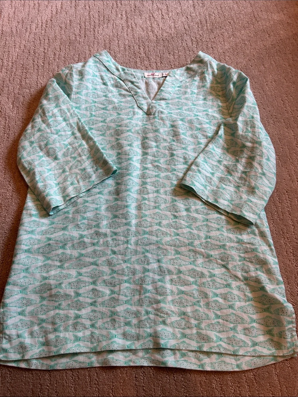 Vineyard Vines Mint Seafoam Fish-Pattern V-Neck Kids Top